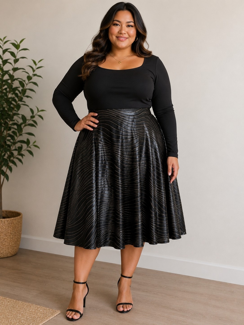 Plus-Size Black Circle Faux Leather Skirt With Gold Thread. Handmade